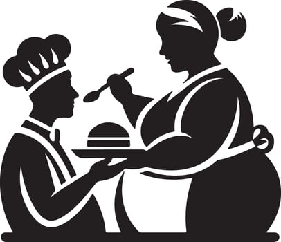 Silhouette of chefs with burger and spoon in black and white simple illustration vector