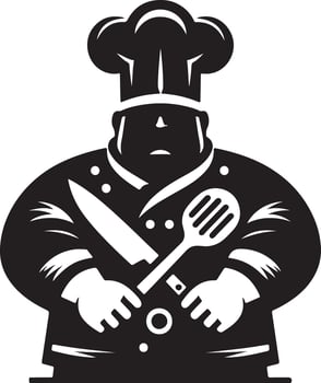 Black and white image of a chef holding a knife and spoon with a chef hat on head vector