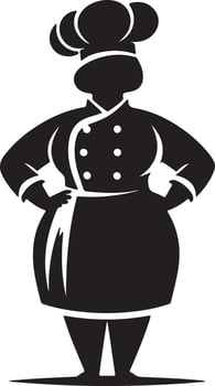 Silhouette of a chef with hands on hips wearing a chef's hat and apron in black vector