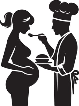 Silhouette of a pregnant woman being fed by a chef holding a plate and spoon out to her vector