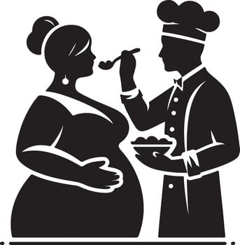 Chef feeding pregnant woman with spoon holding bowl in black and white illustration vector
