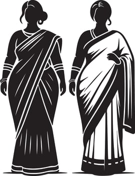 Two women in traditional indian sarees standing side by side in black and white art vector