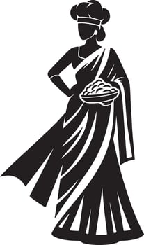 Silhouette of woman in saree and chef hat holding food bowl in black and white art vector