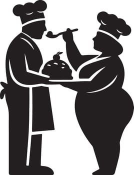 Silhouette of two chefs one feeding the other cake in a white background image vector