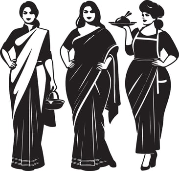 Three women in sarees and a chef holding a tray in a black and white illustration vector