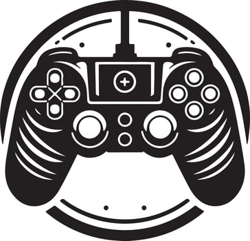 A black and white graphic of a game controller inside of a circular design element vector