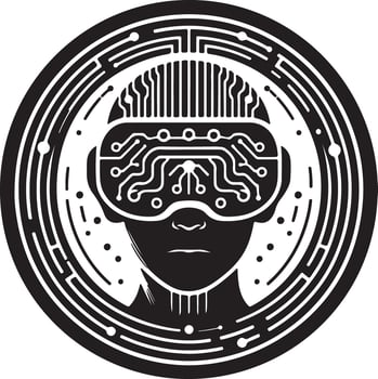 A black and white graphic of a person wearing a vr headset in a circular design vector