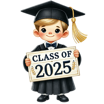 Cute graduate boy holding a sign for Class of 2025 celebration. png