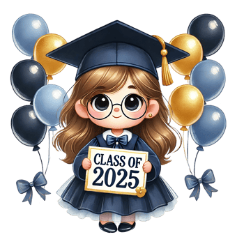 Cute graduate celebrating the Class of 2025 with balloons. png