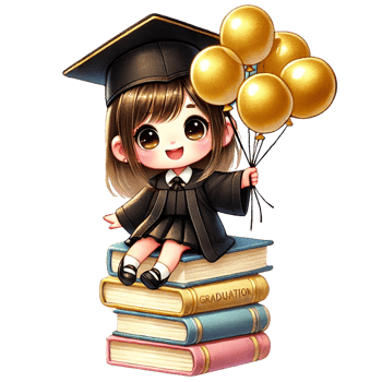 A cheerful graduate holding balloons atop a stack of books. png