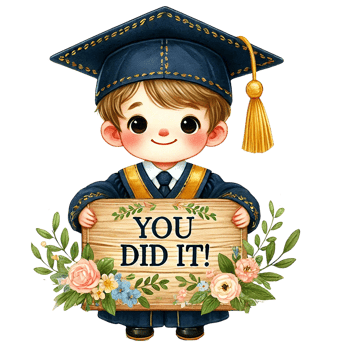 Cute graduate boy celebrating success with a joyful sign. png