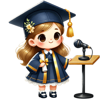 Cute animated girl in graduation gown at a microphone. png