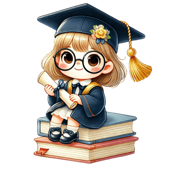 A cute graduate girl with glasses sitting on books, smiling happily. png
