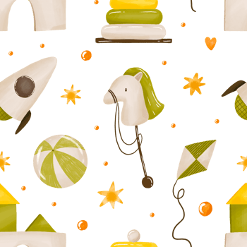 Newborn baby party seamless pattern. Background for baby shower. Gender neutral. Wood toy. Baby toys, game. Hand drawn watercolor illustration. Child party wrap, textile, nursery png