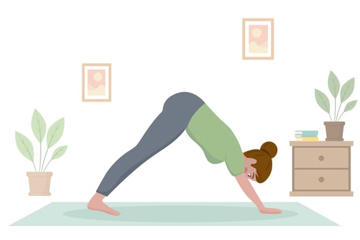 woman engaging in yoga exercises, focusing on meditation and stretching on mat. Illustrated in yoga studio or home environment, this trendy flat design for wellness, fitness, and relaxation vector