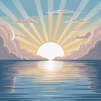 Sunset over the ocean with clouds and sun vector