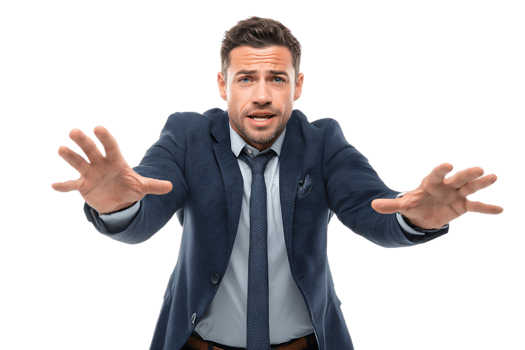 Scared Businessman Reaching Outward Trying to Protect Himself Transparent Isolated Background png