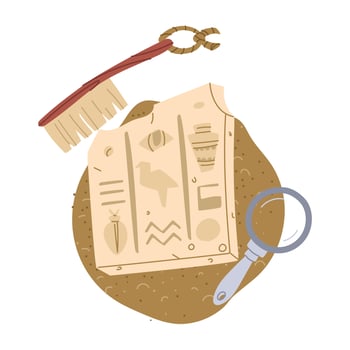 piece of stone with Egyptian hieroglyphs in sand. Magnifying glass and an archaeologist's brush. Historical value. It is suitable for design of books, articles, posters on archeology and human history vector