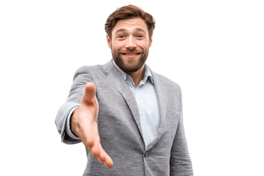 Smiling Man in Patterned Suit Offering Handshake Gesture on Transparent Background Isolated Portrait png