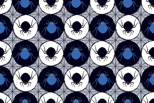 Halloween Pattern with Blue and Black Cartoon Spiders and Spider Web in Circular Grid Isolated on White Background. Quirky and spooky spider elements great for print, web, fashion, cards, wrapping vector