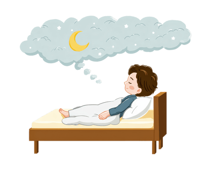 Dreaming child in a cozy bed with clouds and moon png
