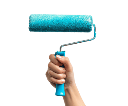Hand holding a turquoise paint roller for home decoration projects png