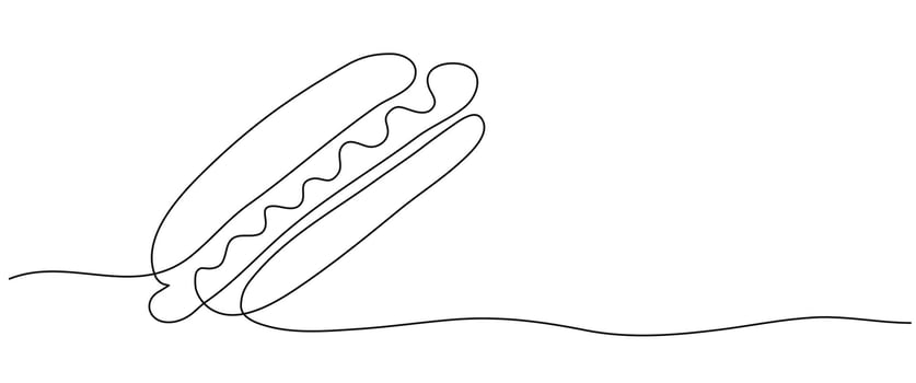 Continuous one line drawing of American hot dog cafe logotype template concept. Fast food hotdog, food market logo emblem. Trendy single line draw design illustration vector