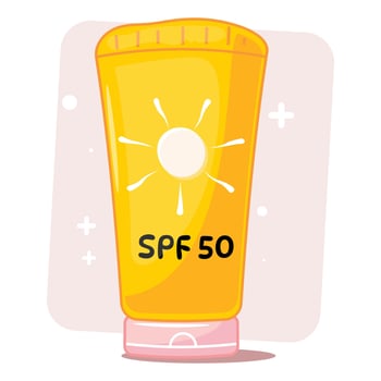 Sunblock cream bottle, SPF 50, bright yellow, skin care, summer, modern flat design, white background vector