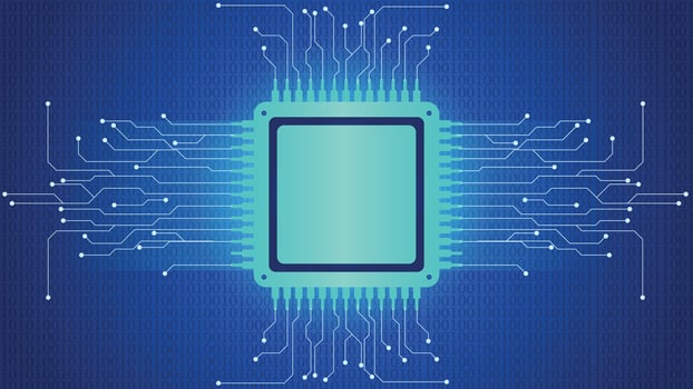Futuristic digital background featuring a glowing microchip at the center with abstract circuitry lines and binary code overlay. High tech electronics concept for technology themes. vector