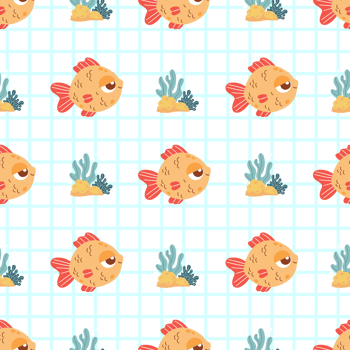 Seamless Sea Pattern. Cute Cartoon Small Fish and algae on checkered Background png