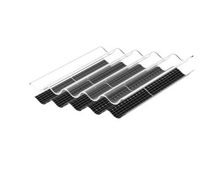 Solar panel system integrated within a wavy, corrugated roofing sheet png