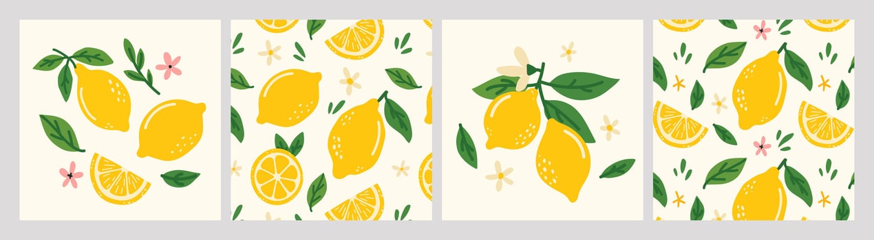 Set of colorful posters with lemons, leaves and flowers. Dolce vita aesthetics. Ideal for designing postcards, banners, posters, menus, social media vector