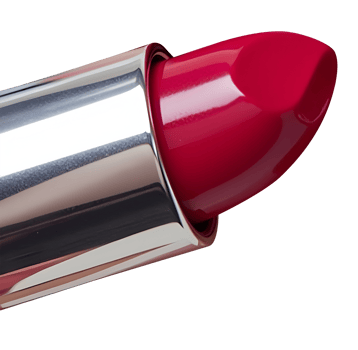 Red lipstick with shiny silver case, close up view showing smooth texture and vibrant color png