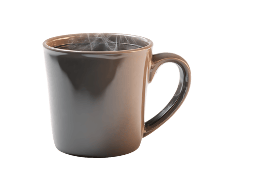 A Shiny Brown Mug Filled with Steaming Coffee with a Transparent Background png