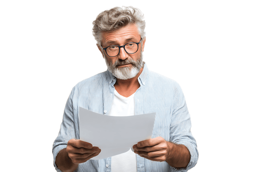 Mature Man With Glasses Holding Paper Reading Shocked Isolated Transparent Background png