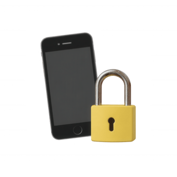A smartphone secured with a yellow padlock, symbolizing security and protection of personal data on mobile devices. png