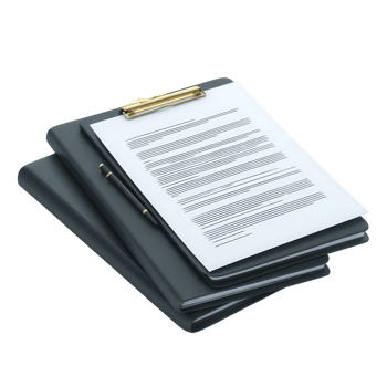 A stack of document folders with a clipboard holding a sheet of paper. The layout is neat and organized, perfect for presentations or office environments. png