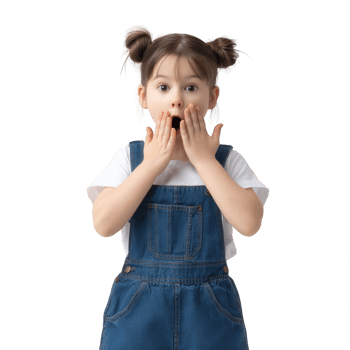 A surprised young girl with playful pigtails, covering her mouth in astonishment. She wears a casual outfit, embodying the essence of childhood wonder and excitement. png