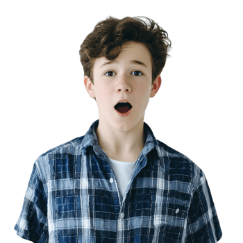A surprised young boy wearing a plaid shirt, with an open mouth expression. Perfect for capturing youthful emotions and candid moments. png