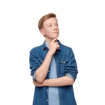 A thoughtful young boy in a denim shirt, looking up and pondering. Isolated on a white background, capturing a moment of curiosity and contemplation. png