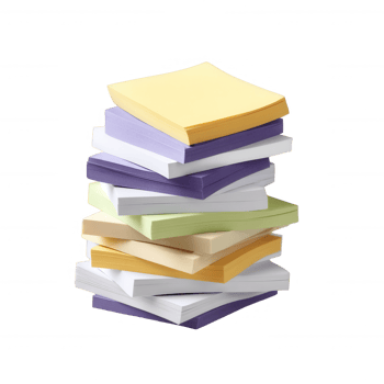 A vibrant stack of colorful sticky notes, featuring various shades of yellow, purple, green, and white, ideal for office environments and organizational tasks. png