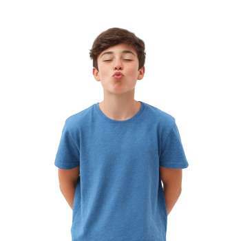 A young boy making a playful kissing face, wearing a blue t-shirt, with hands behind his back, set against a white isolated background. png