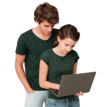 A young couple collaborates on a laptop, showcasing teamwork and modern technology. They are casually dressed and immersed in their task, creating a warm and engaging atmosphere. png