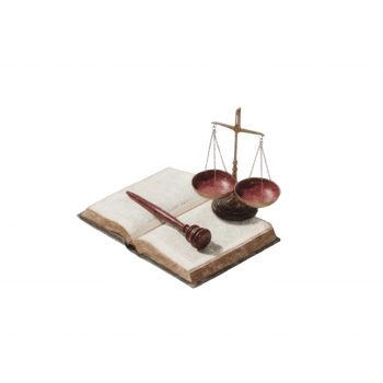 An artistic representation of a law book with a gavel and scales of justice, symbolizing the legal profession and justice system, white isolated background. png