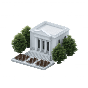 Architectural building with columns, surrounded by trees, isolated on a white background. png