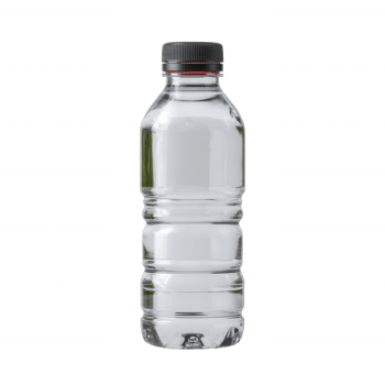 Clear plastic water bottle with black cap, isolated on a white background. png