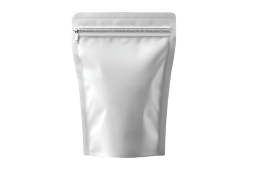 White Blank Stand Up Pouch Packaging Mockup with Zipper Isolated on Background png