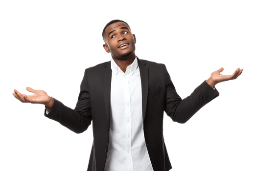 Confused African American Man Shrugging Shoulders with Open Palms Isolated Transparent png