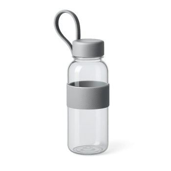 A clear glass water bottle with a handle png