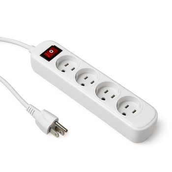 A white power strip with four outlets and a usb cable on a transparent background png